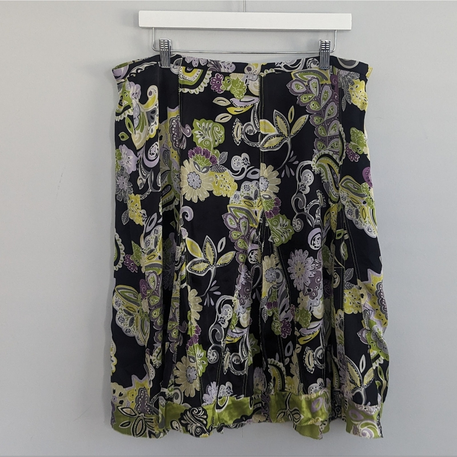 New Vintage Silk Skirt Black Green Purple Paisley Floral 14w Y2k